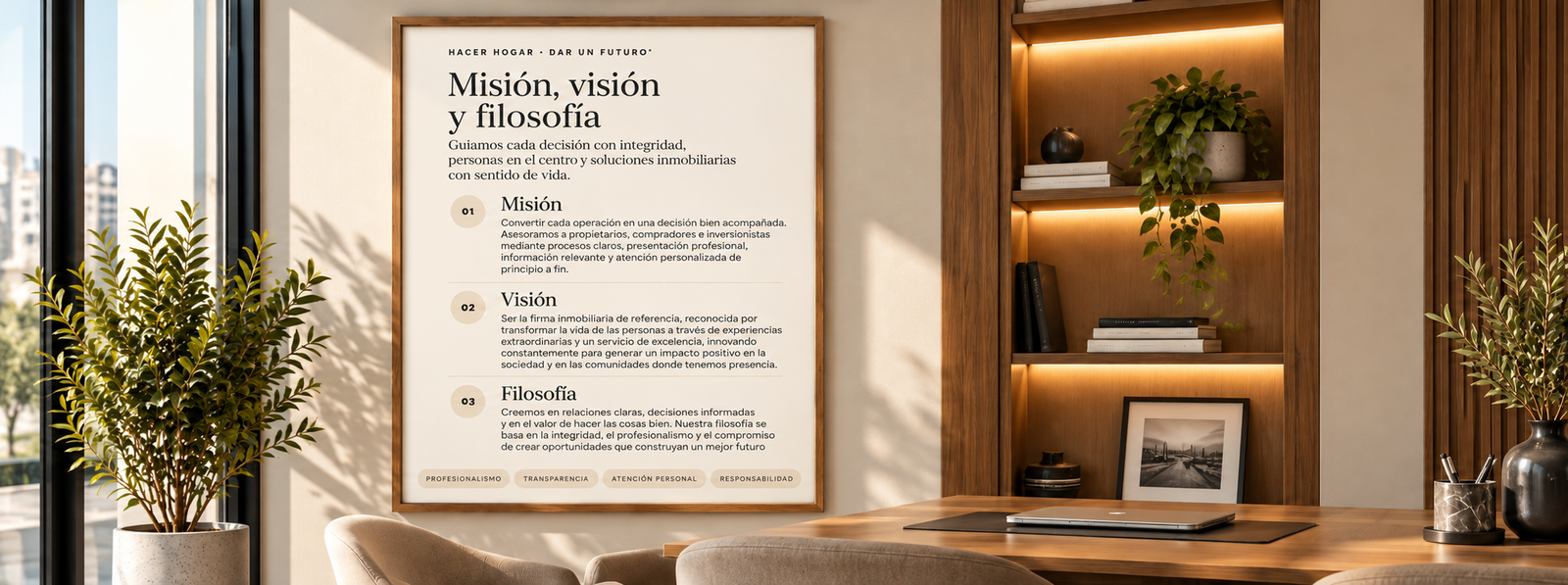 Póster enmarcado con la misión, visión y filosofía de NASR AQARAT, colgado en la pared dentro de una oficina moderna y cálida